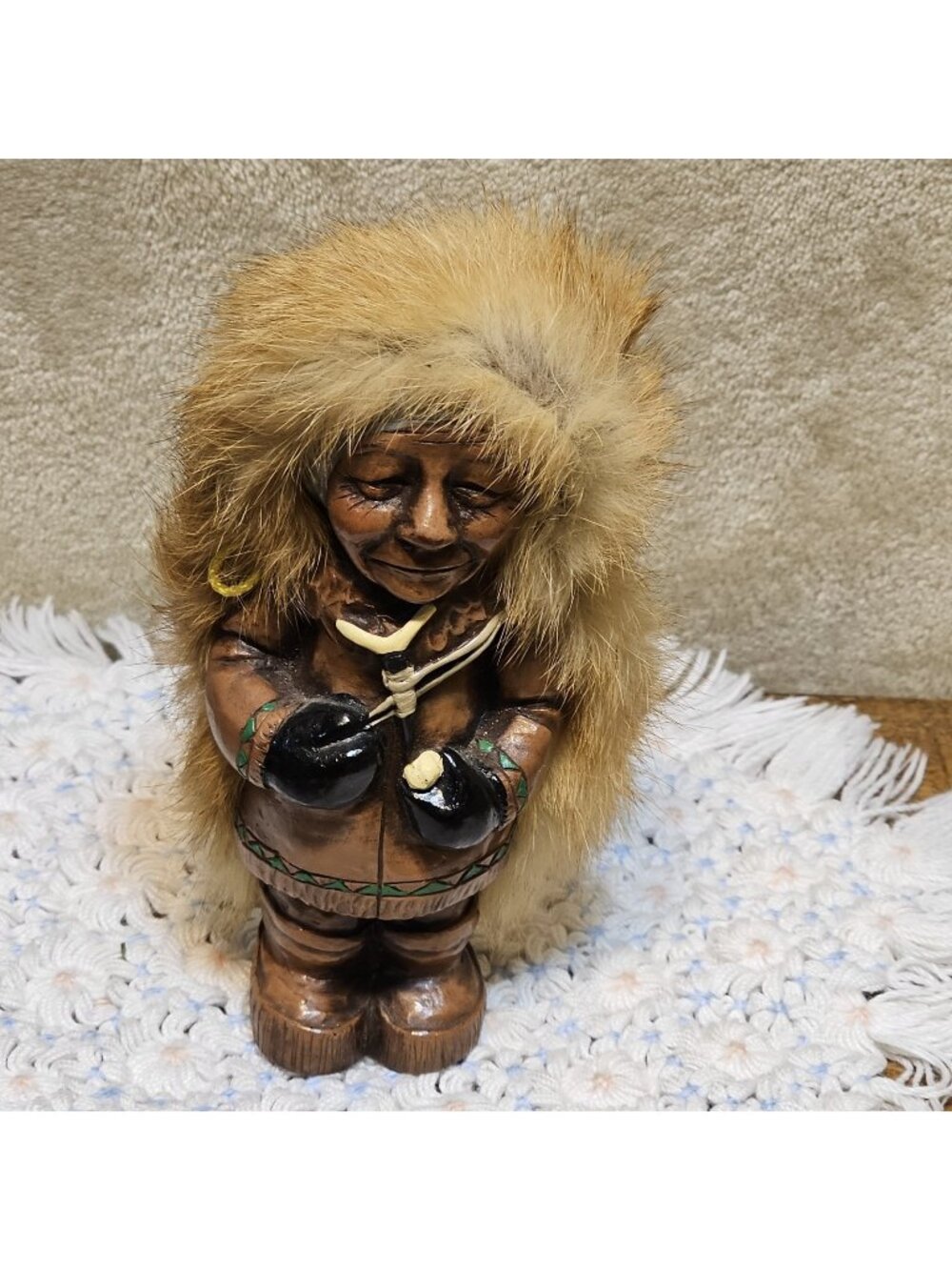 Vintage Hand Carved Wooden Eskimo With Real Fur On It’s Head And Back